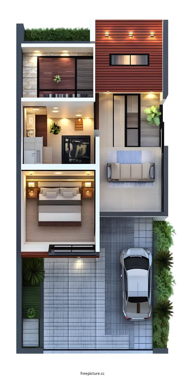 Modern House Floor Plan with Car, Garden, and Interior Design