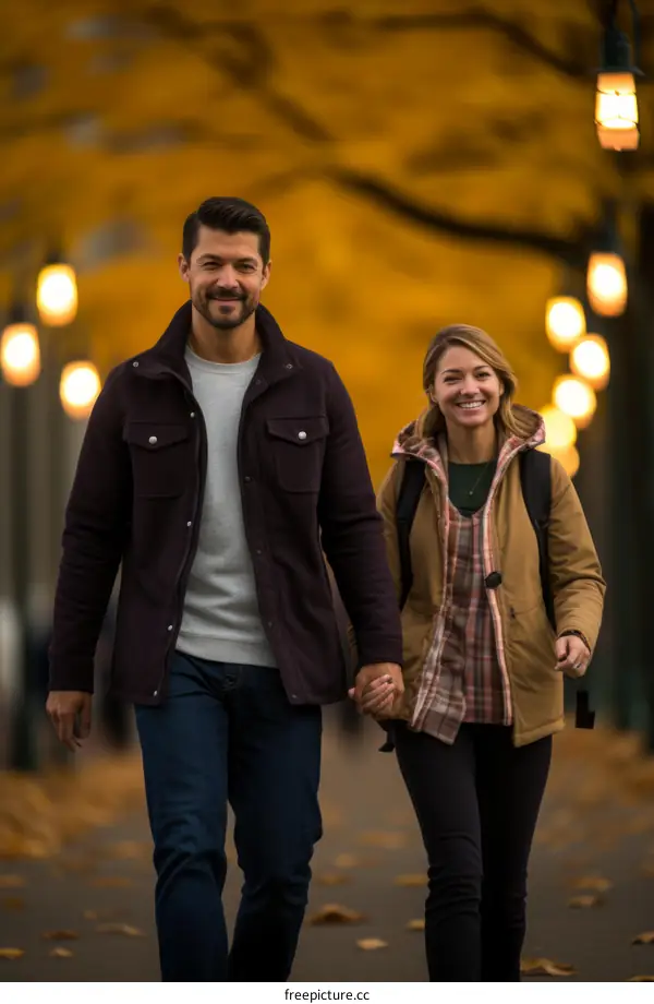 Happy Couple Walking in Autumn Park