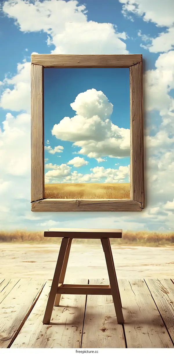 Wooden Frame Window with View of a Field and Sky