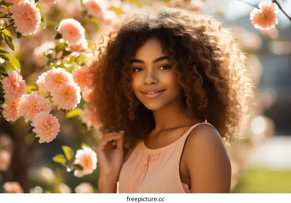 portrait of a beautiful young woman with curly hair smiling in a garden of pink flowers