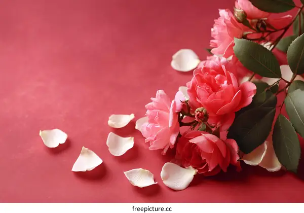Beautiful Pink Roses with Petals on Red Background