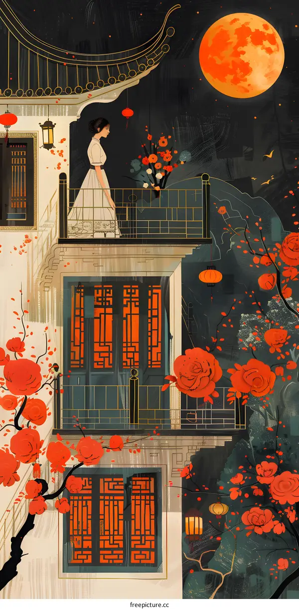 A woman standing on a balcony in a traditional Chinese courtyard house