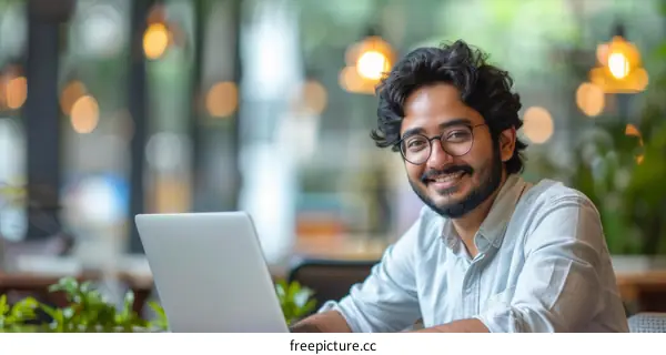 Smiling Indian Man Working On Laptop At Cafe