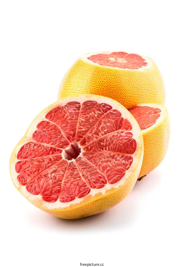 Fresh Ripe Pink Grapefruit Slices Isolated on White Background