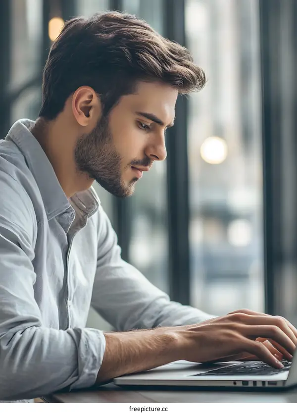 Young Man Working on Laptop in Office Setting