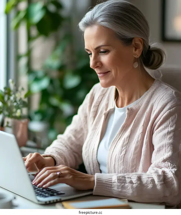 Senior Woman Working On Laptop In Home Office
