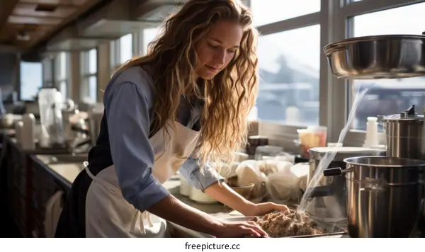 Focused young female chef carefully sifting flour in commercial kitchen