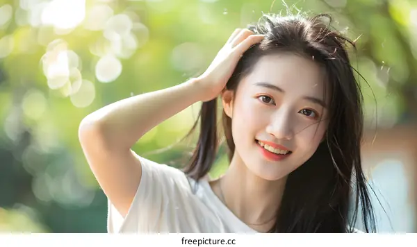 Smiling Asian Woman with Long Hair Touching Her Hair in a White Shirt