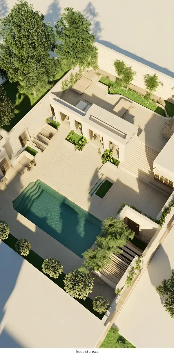 Aerial View of Modern House with Swimming Pool and Garden