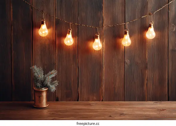Warm Christmas Lights on Rustic Wooden Wall