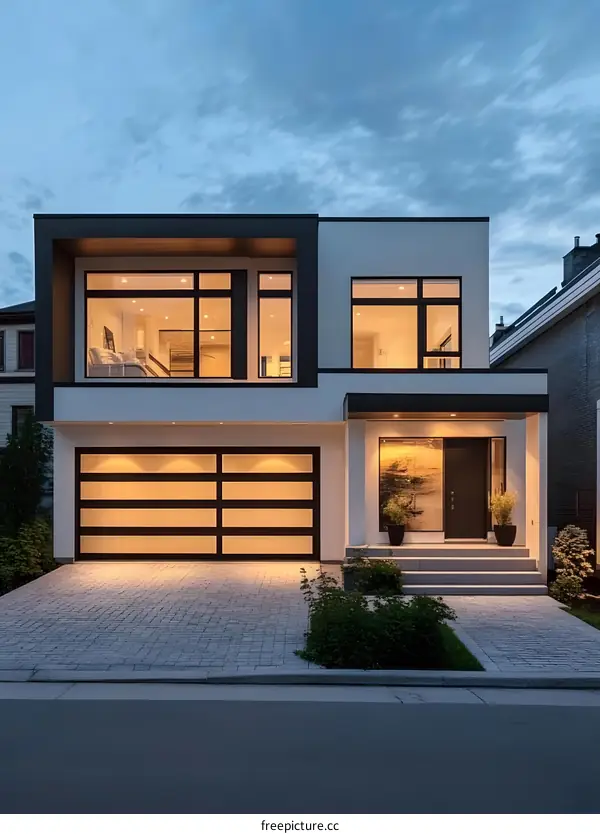 Modern White House with Garage Door and Windows