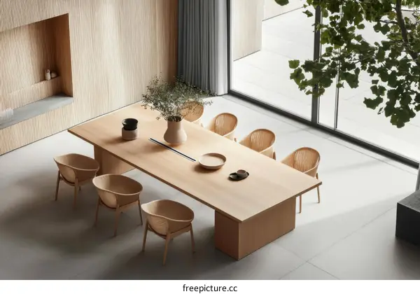 Modern Minimalist Dining Room with Large Wooden Table