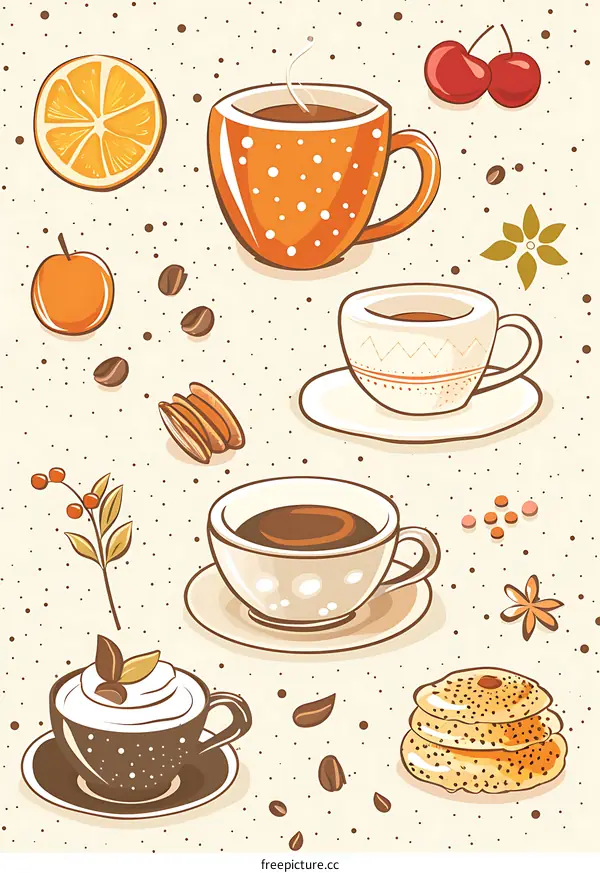 Coffee Break Illustration with Coffee Cups and Snacks