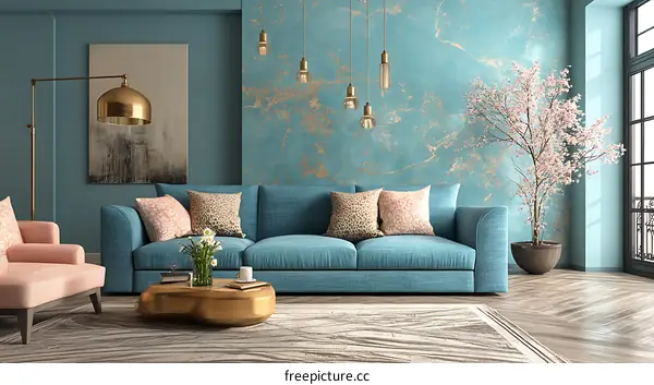 Modern Living Room with Teal Sofa and Pink Accent