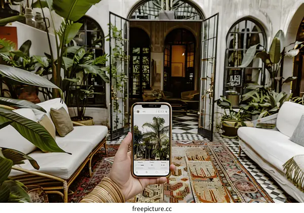 Palm Tree Through Doorway with Person Holding Phone