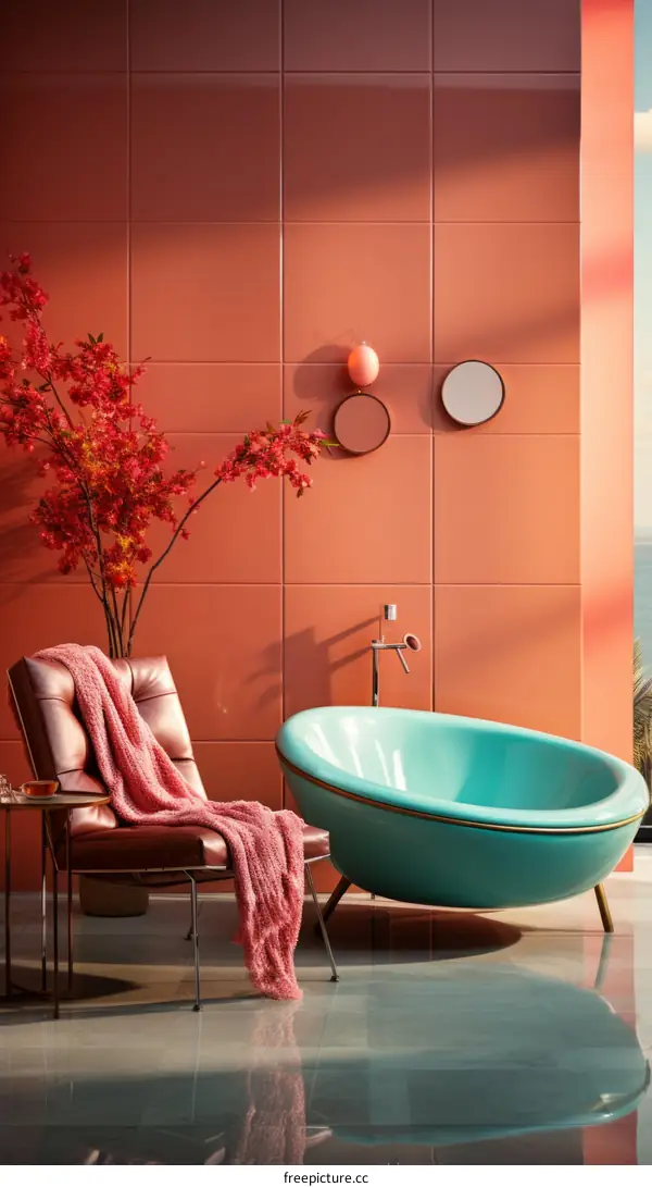 Blue bathtub in a pink room
