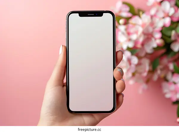 Blank Smartphone Screen Held By Female Hand with Flowers in Background