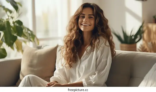 Portrait of a beautiful young woman with long brown hair sitting on a couch and smiling