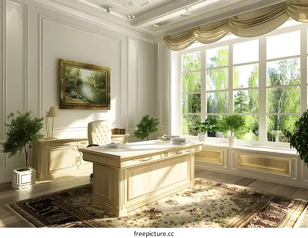 Luxury office interior with large windows