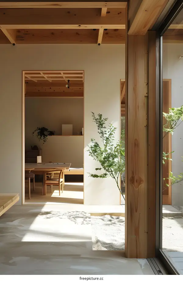Modern Japanese House Interior Design with Wood Beams and Sand Garden