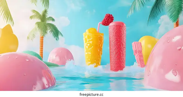 Summer Drinks with Palm Trees and Tropical Fruits