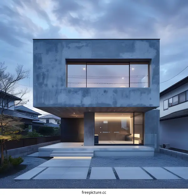 Modern Concrete House with Large Windows and Gravel Patio