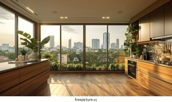 Modern kitchen with large windows and a view of the city