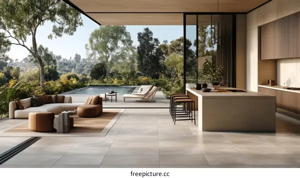 Modern Outdoor Living Area and Kitchen with Pool View