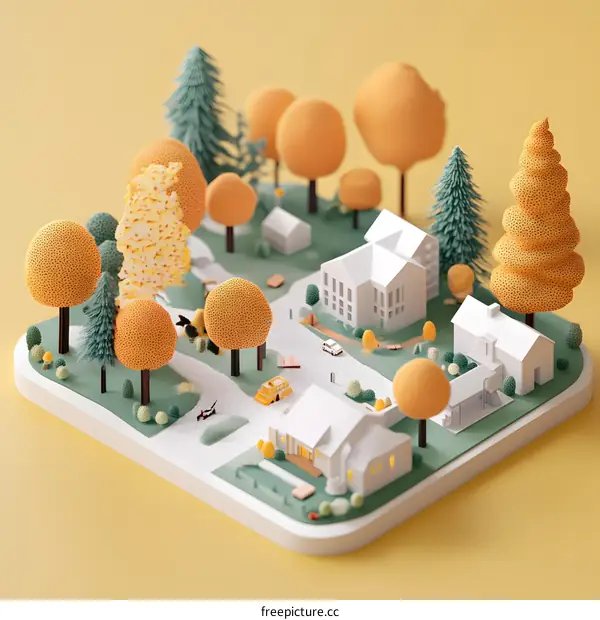 Miniature 3D Illustration of a Small Town with Trees and Houses