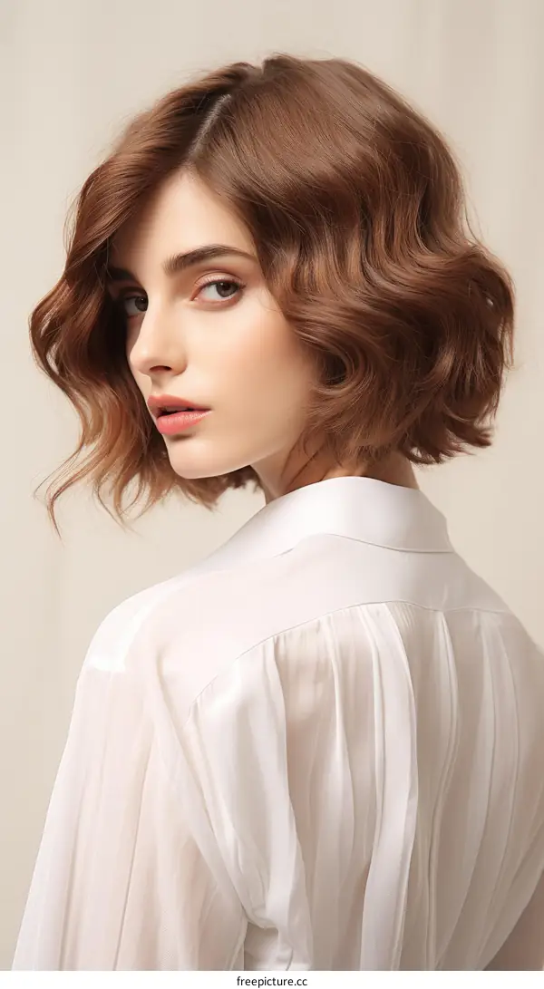 portrait of a young woman with brown hair wearing a white blouse