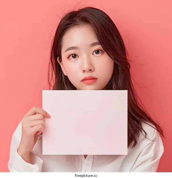 Young Asian Woman Holding a Blank Pink Paper