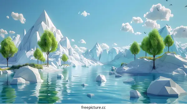 Low Poly Landscape with Green Trees and Blue Sky