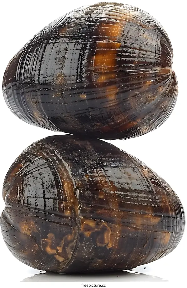 Two dark brown snail shells