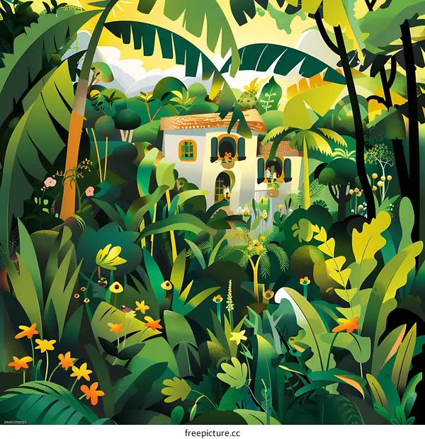 Tropical House with People in the Window