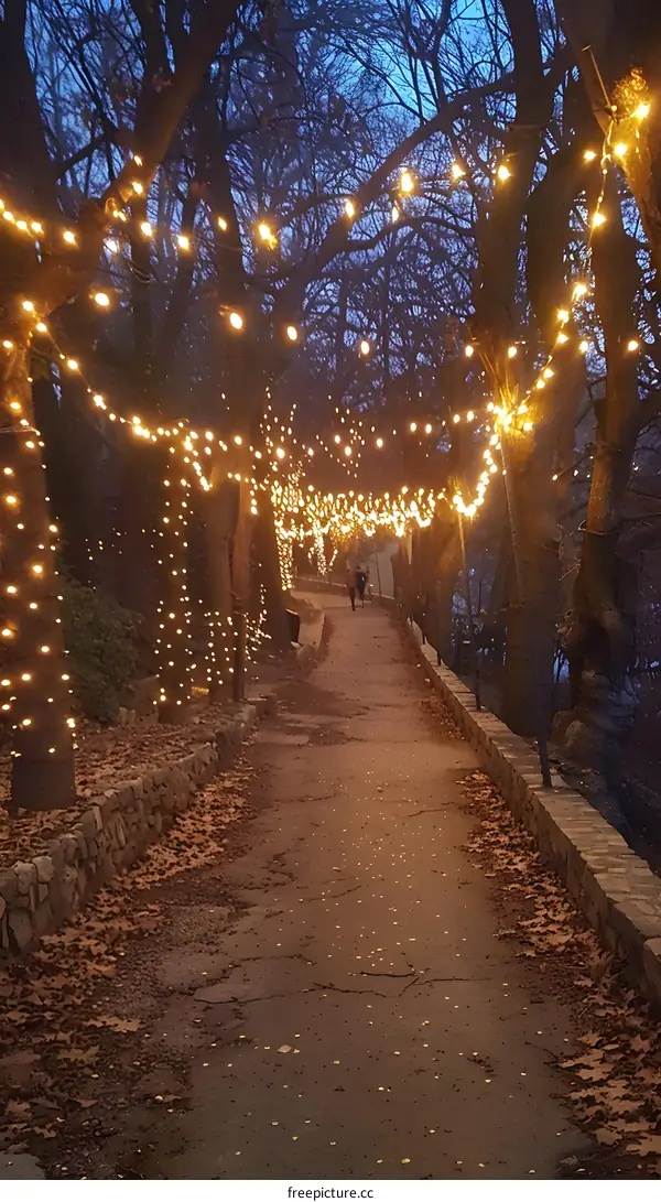 Pathway Lit by String Lights at Twilight