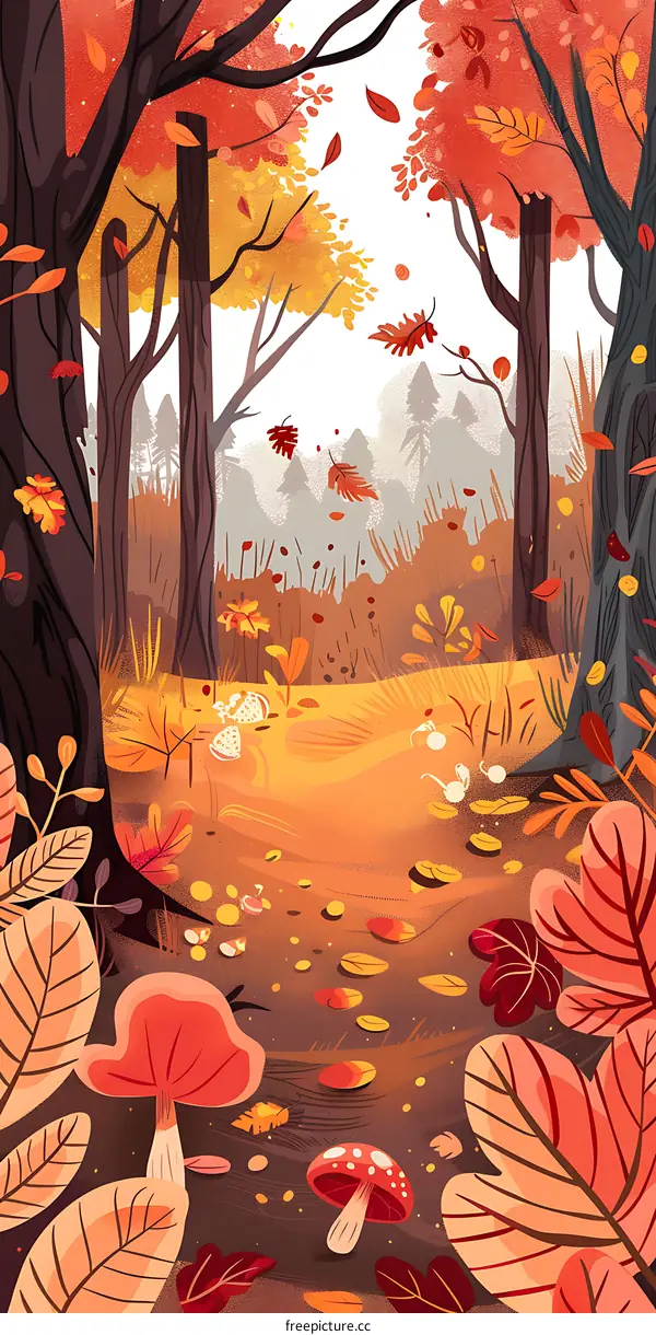 Autumn Forest Illustration with Red and Yellow Leaves