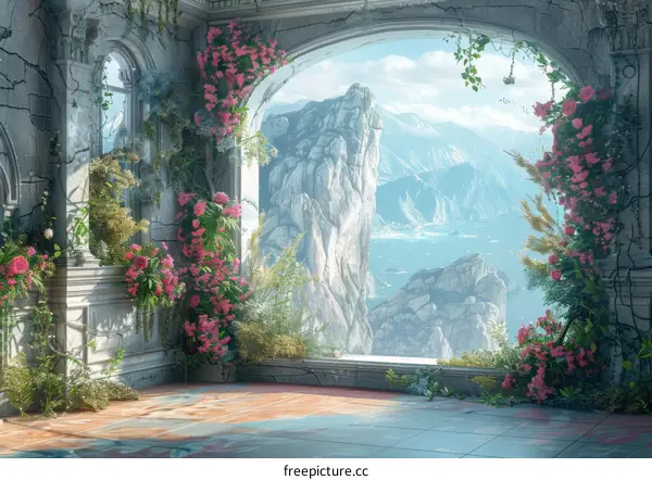 Enchanted Terrace Amidst Serene Mountains and Colorful Flora