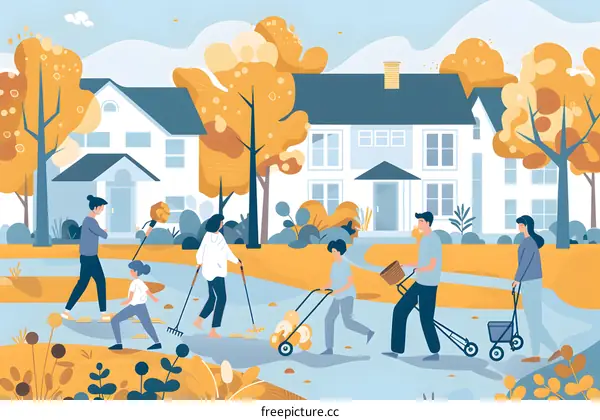 Family Cleaning Up Yard In Autumn