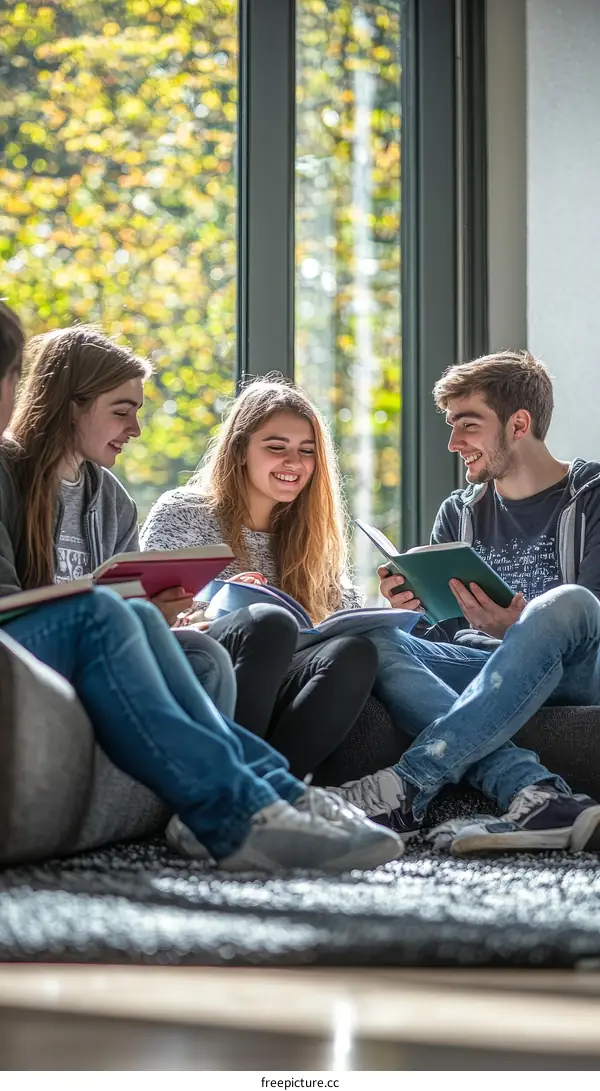 Four Caucasian Students Studying Together