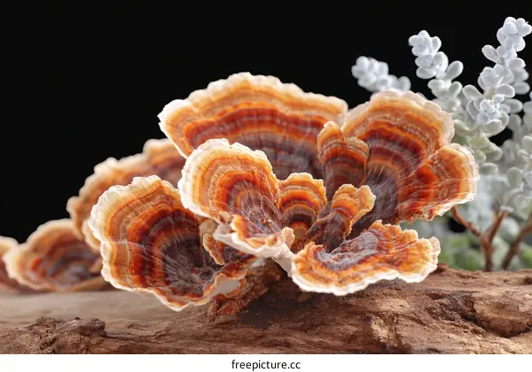 Closeup of a colorful bracket fungus on wood