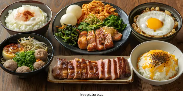 A delicious Japanese meal with rice, pork, eggs and vegetables