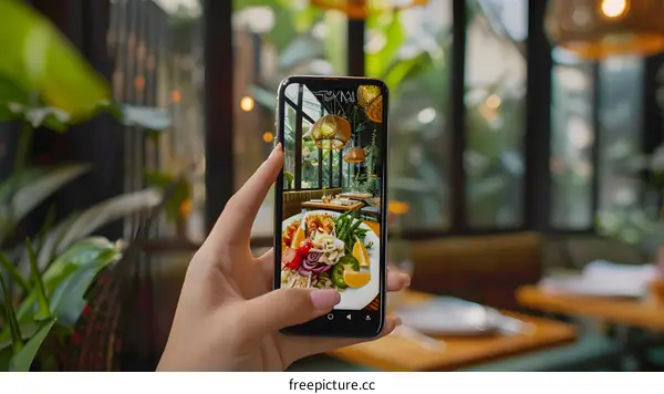 Person Holding Phone Taking Picture of Food in Restaurant