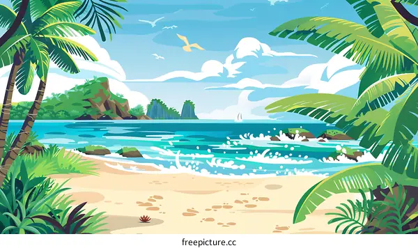 Tropical Beach Landscape with Palm Trees and Ocean Waves
