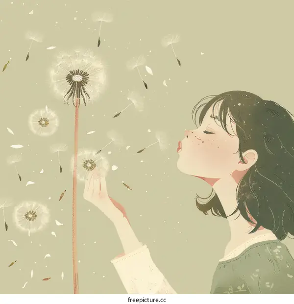 A girl is blowing dandelion seeds in the wind