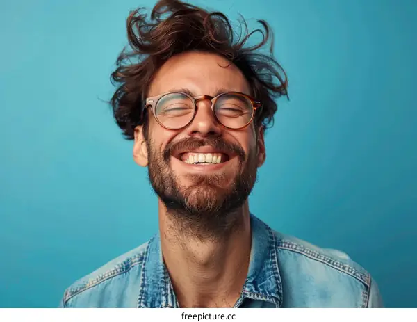 A Young Man with Glasses Smiling on a Blue Background