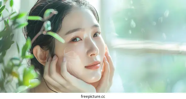 Beautiful Asian Woman Applying Face Cream with Natural Green Background
