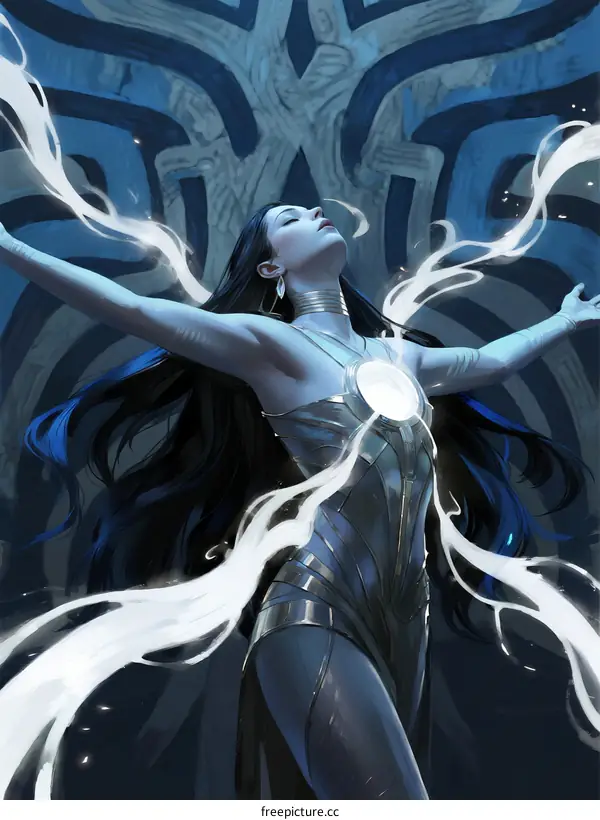 Female with glowing orb and energy streams in abstract setting