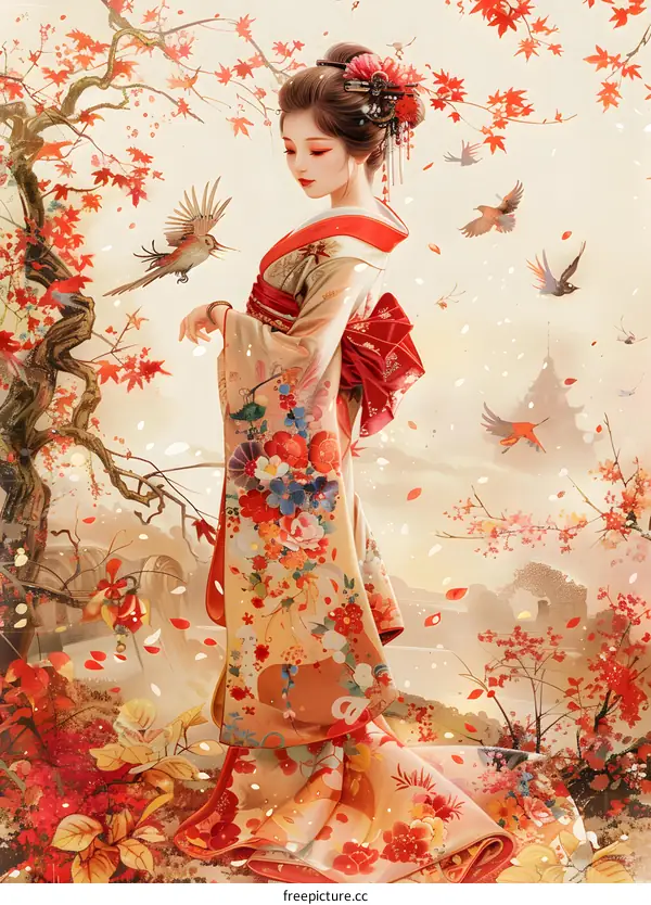 A beautiful Japanese woman in a kimono standing in a field of red maple leaves.