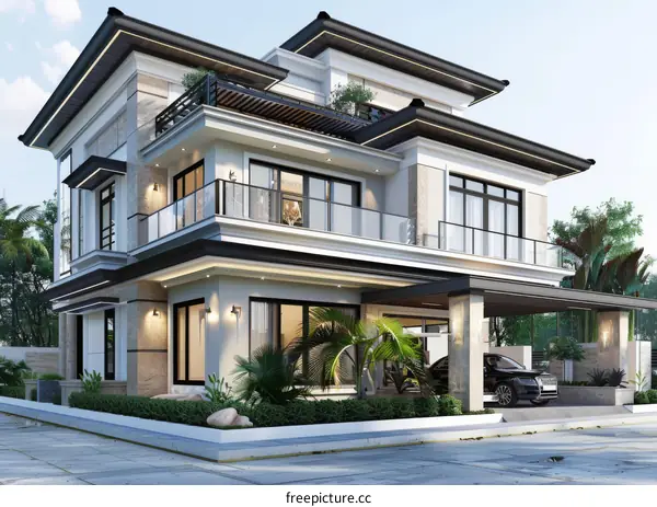 Modern Villa with Aesthetic Design Featuring Three Stories