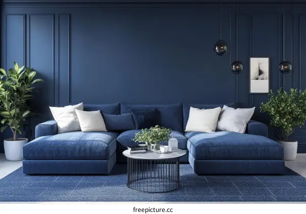 Modern Living Room with Deep Blue Sectional Sofa